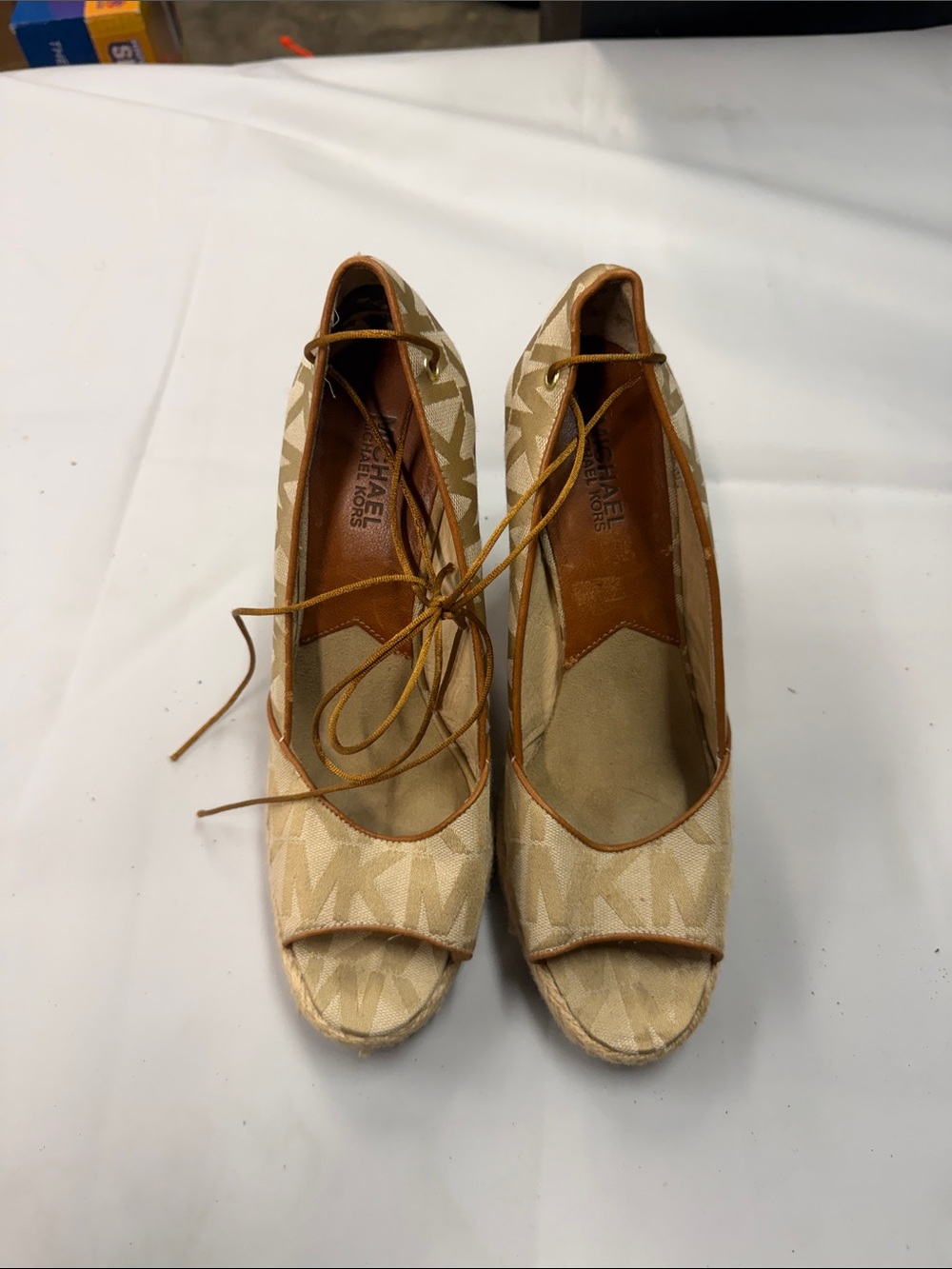 Michael Kors Tan Canvas Lace-Up Peep-Toe Wedges